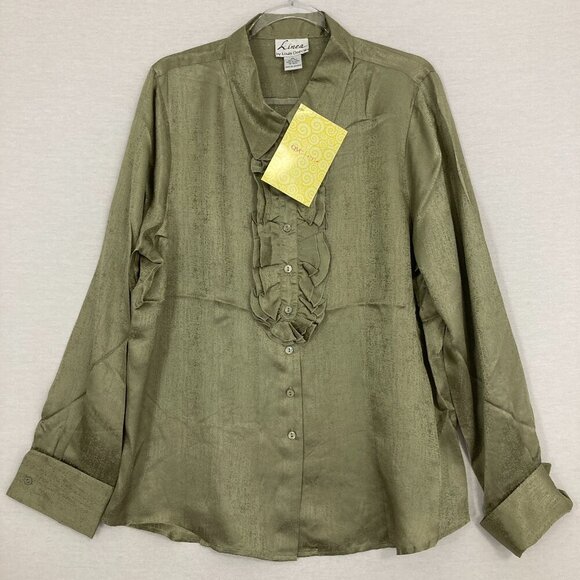 New Linea by Louis Dell'Olio Green Silk QVC Ruffle Artsy Textured Button Down XL - Picture 1 of 10